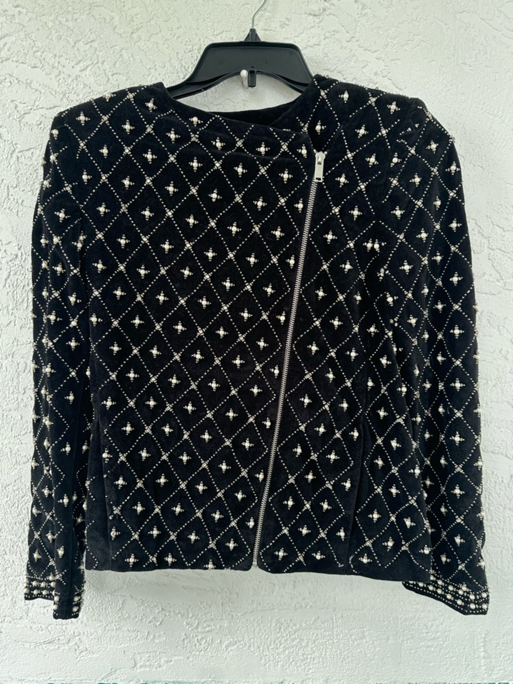 Zara Pearl Rhinestone Black Velvet Encrusted Moto Jacket Small - Picture 5 of 10